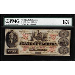 1864 $5 State of Florida Tallahassee Cr.34 Obsolete Note PMG Choice Uncirculated 63