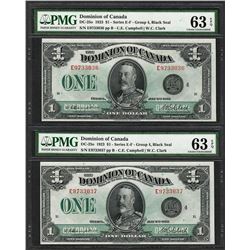 (2) Consecutive 1923 $1 Dominion of Canada Notes DC-25o PMG Choice Uncirculated 63EPQ