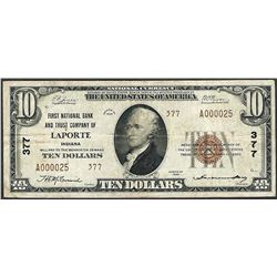 1929 $10 First NB & Trust of LaPorte, IN CH# 377 National Currency Note Low Serial #