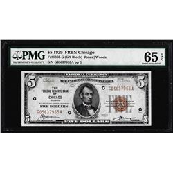 1929 $5 Federal Reserve Note Chicago Fr.1850-G PMG Gem Uncirculated 65EPQ