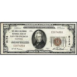 1929 $20 Anglo California NB of San Francisco, CA CH# 9174 National Currency Note