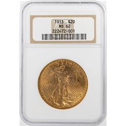 1913 $20 St. Gaudens Double Eagle Gold Coin NGC MS62