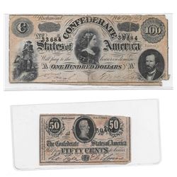 1864 Confederate Notes 50C and $100