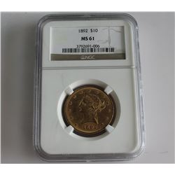 1892 $10 GOLD LIBERTY NGC MS61