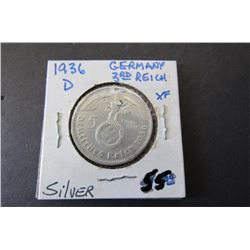 563 - 1936-D VF Germany Third Reich 5 Marks Silver Coin