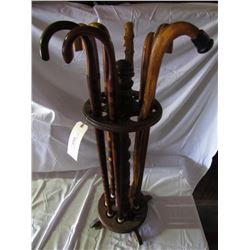 803 - Exquisitely Inlaid Wooden Walking Canes W/ Rack