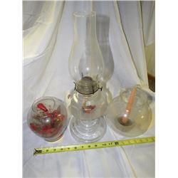 847 - 3pc Oil Lamp, Candle Stand, Faux  Arrangement