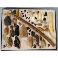 Tray of 63 points, scrapers, bone tools, Madison County, MT