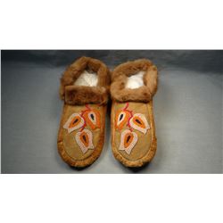 Chippewa partially beaded moccasins, moose hide w/mink fur trim, from Turtle Mountain Reservation, N