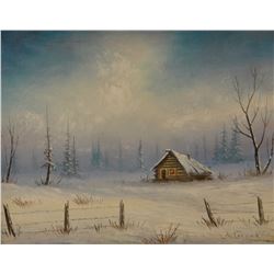 Farrar, Burton oil on canvas, Winter Cabin, 11" x 14"