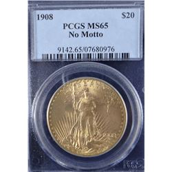 1908 St. Gaudens $20 gold coin, no motto, PCGS MS65