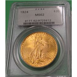 1924 St. Gaudens $20 gold coin, PCGS MS62