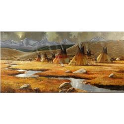 Milligan, L. B. oil on canvas, Camp At Elk Killed Creek, 20" x 40", framed