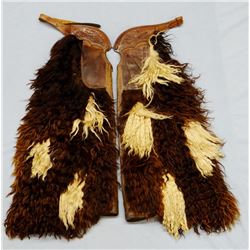 Hamley black & white angora wooly chaps, floral tooled belt, stamped C. E. M, 40" long, good maker m
