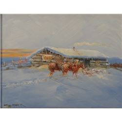 Cheek, C. R. original oil, Cold Winter At Sunset, 12" x 14