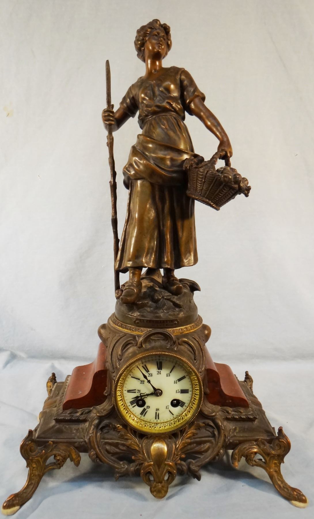La Cueillette French ornate figural clock, Par L F Moreau, 22