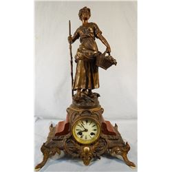 La Cueillette French ornate figural clock, Par L F Moreau, 22" h x 13" w, L & F Moreau