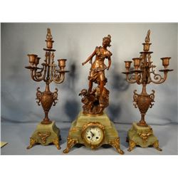 I Rousseau French ornate figural clock w/cupid and arrow, jadite base, 24" h, 2 candleabras