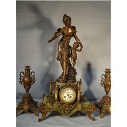 La Fortune Guidant Mother and Child French figural clock, Aug Moreau, 28" h x 15" w, hand painted fa