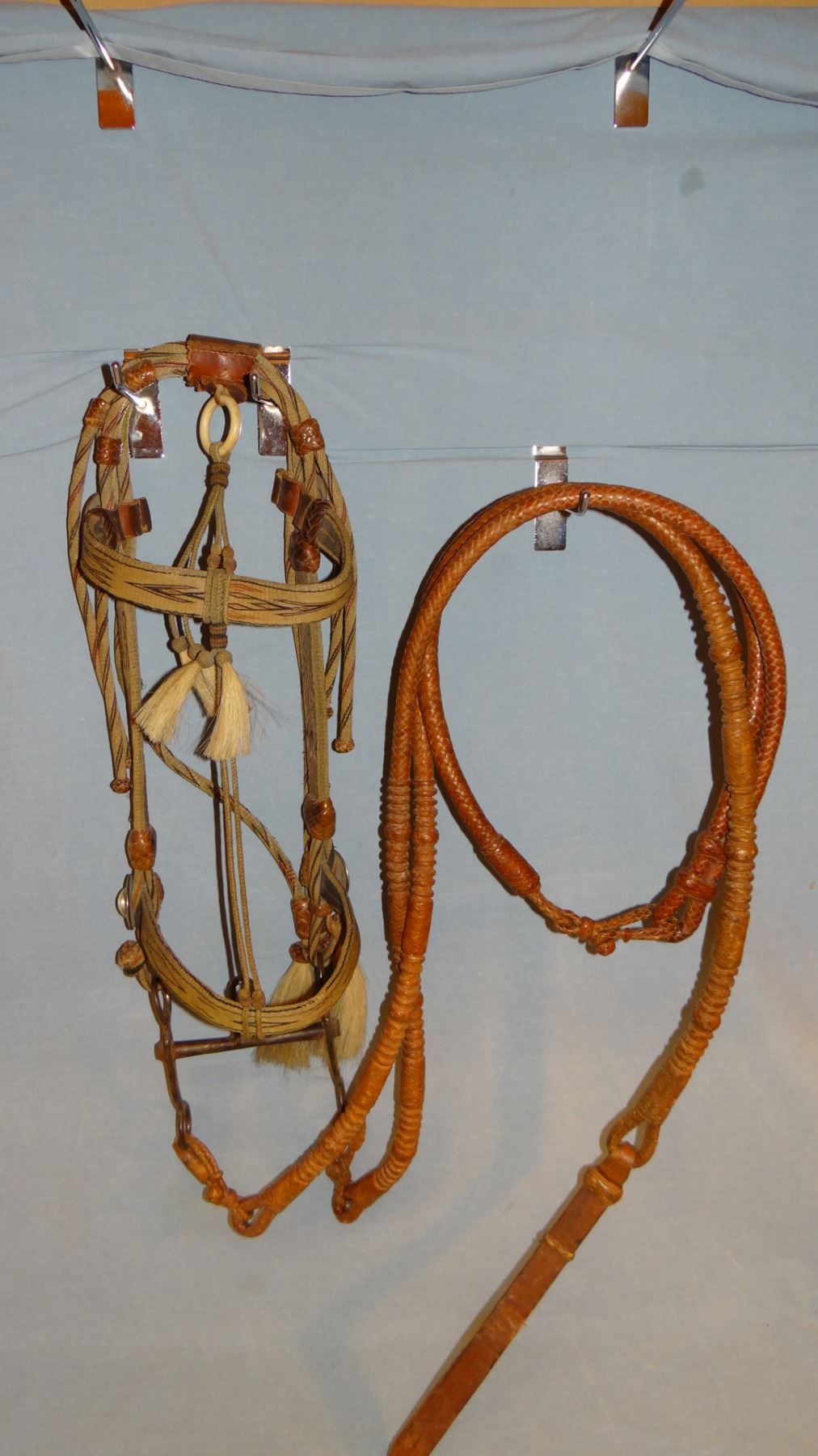 Hitched horsehair bridle with leather reins, possibly Deer Lodge