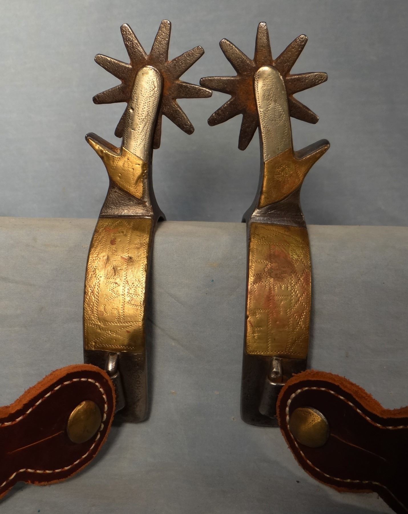 Crockett Spurs, silver & brass mounted, 8 pt. rowels, chap guards