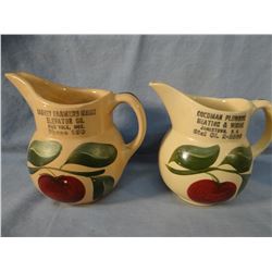 (2) Watt Ware advertising pitchers, 6" each, Harvey, ND Farmers Union Elevator; Goodman Plumbing, Ja