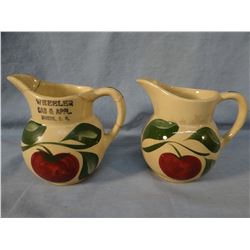 (2) Watt Ware creamers, 4" h each, 1 repaired, 1 unmarked and 3 Watt Ware shakers, 4" h each, no adv