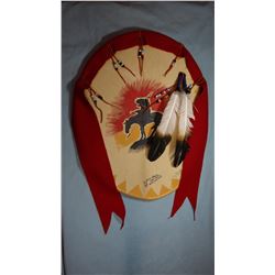 Crow rawhide shield, I. Lion Shows, 30" w