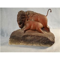 Chopwood, Hank (1941-2005) original stone sculpture, Buffalo Cow & Calf,  7" h x 9" w