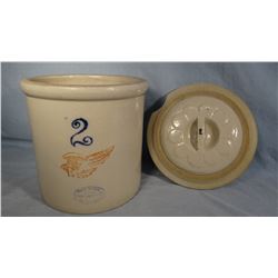 Red Wing 2 gal. crock w/RW petal lid, large wing, crock is mint, chip in lid
