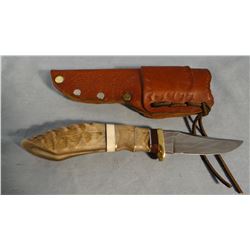 Dall sheep horn handled hunting knife, ivory & silver trim, 4" Damascus steel blade w/sheath