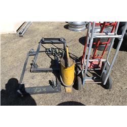 2 ROLLER CARTS, 1 PUMP CAN, 2 FRIDGE DOLLIES, COAL SHOVEL