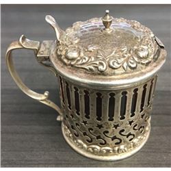 Antique Sterling Silver Repousse Cranberry Glass Condiment Mustard Pot Jam Jar