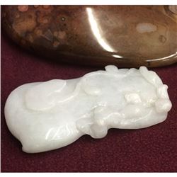 Chinese Hand Carved White & Green Jade Fruit Blossom & Bat Pendant