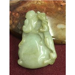 Chinese Hand Carved Green Jade Fruit Blossom & Bat Pendant