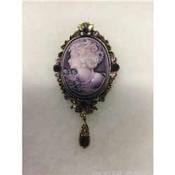 Vintage Purple Cameo Brooch Depicting Silhouette Of A Beauty