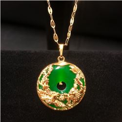 Chinese Green Jade Dragon And Phoenix Paired With An 18 Karat Gold Plated Necklace