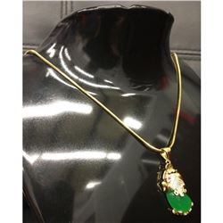 Asian Carved Green Jade Foo Dog Pendant On Chain