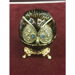 Royal Designed Enameled Semi Precious Stone Owl Trinket / Ring Box On Stand