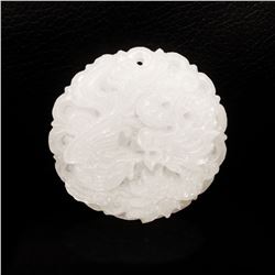 Asian White Jade Carved Peacock Dragon Medallion