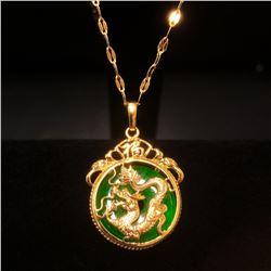 Chinese Carved Green Jade In Gold Dragon Mount Necklace