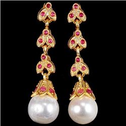 NATURAL WHITE PEARL & PINK RED RUBY Earrings