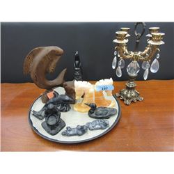 Brass Candelabra, Onyx Bookends & Art Carvings