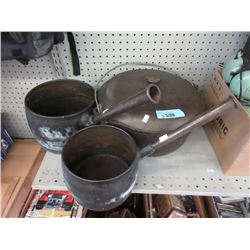 Large Cast Iron Stock Pot and 2 Cast Iron Pans