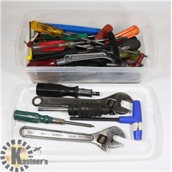 PLASTIC CONTAINER OF ASSORTED TOOLS.