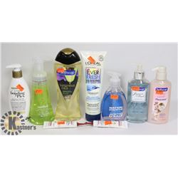BAG OF ASSORTED HAND SOAP, CONDITIONER AND MORE.