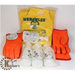 BOX WITH EMERGENCY EYE WASH BOTTLES, GLOVES &