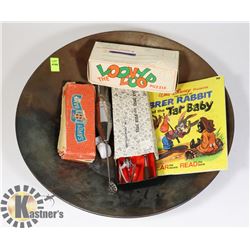 METAL BOWL WITH VINTAGE ITEMS