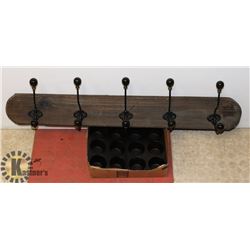 TWO CAST IRON MUFFIN TRAYS AND COAT HANGER RACK