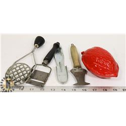 5 VINTAGE KITCHEN UTENSILS - POTATO MASHER, PEELER